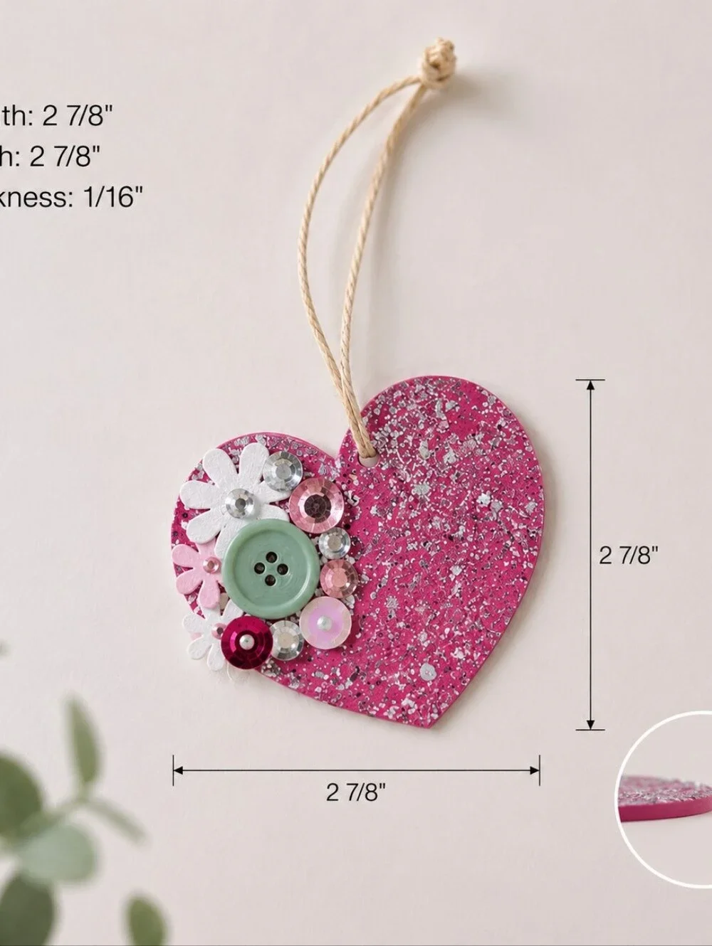 Handmade Pink Glitter Heart Ornament Decor Fuchsia Hanging Gift for Girls
